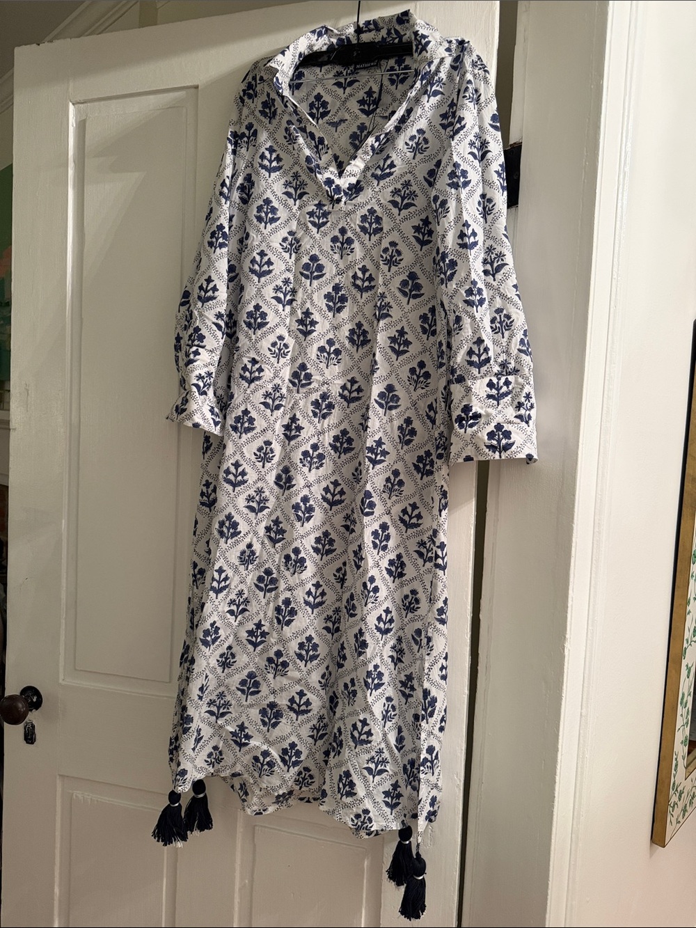 Madison mathews Women's Blue & White block Printed Tunic caDress with Tassel Hem